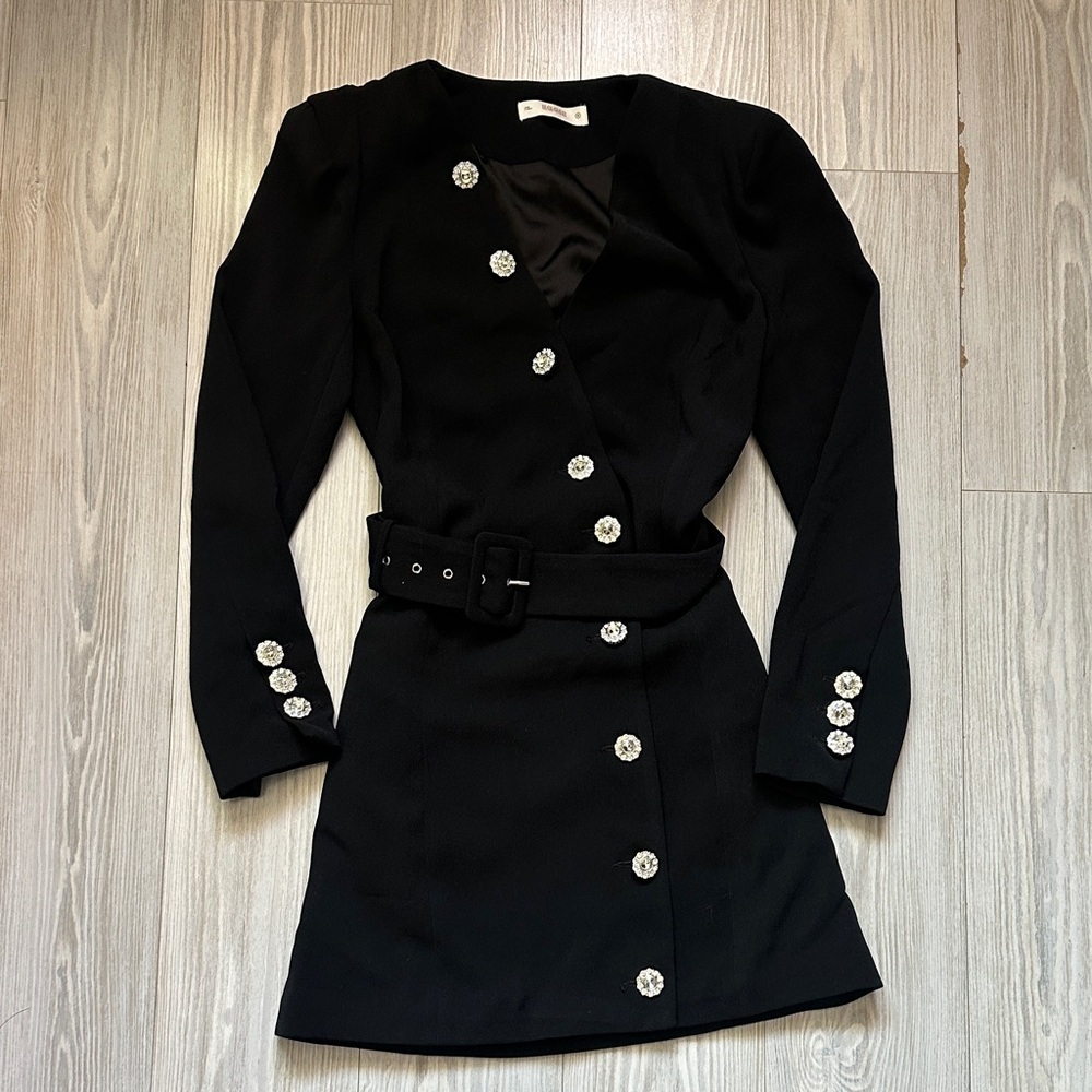 Black Embellished Button Belted Dress - Women's